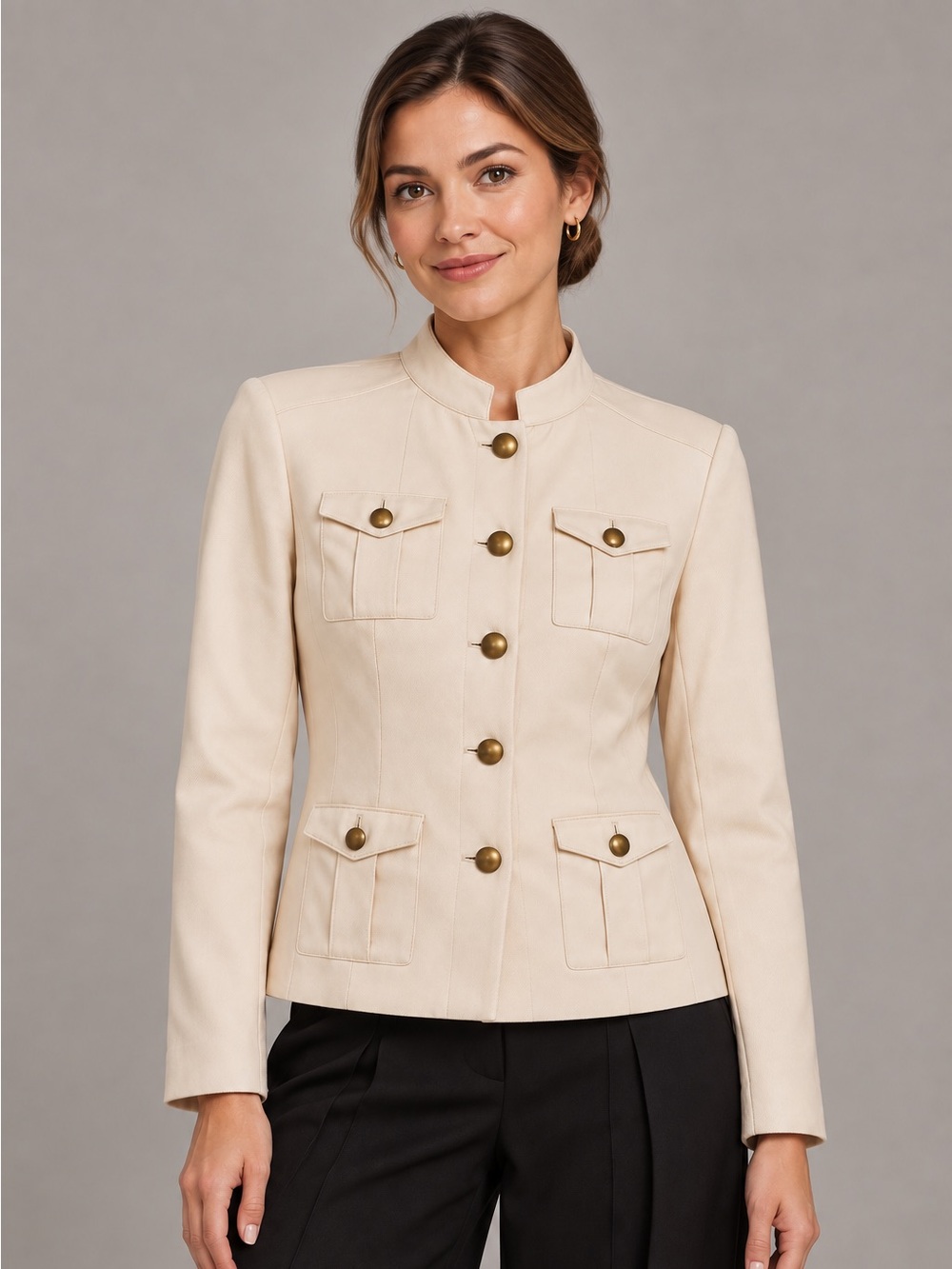 Valerie Stevens Cream Military-Style Pocket Blazer